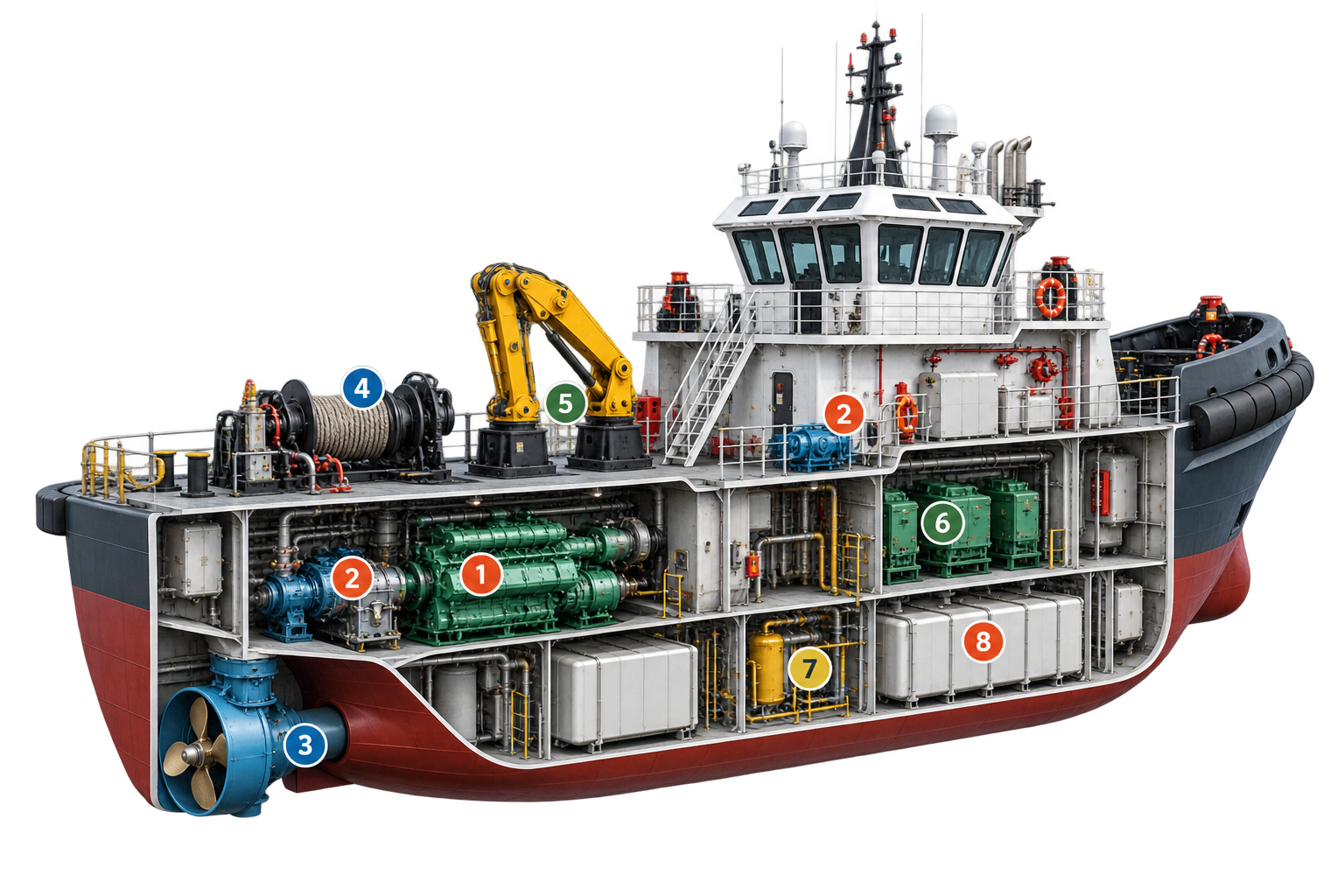 Schematische doorsnede van een werkboot met typische olie- en hydraulieksystemen