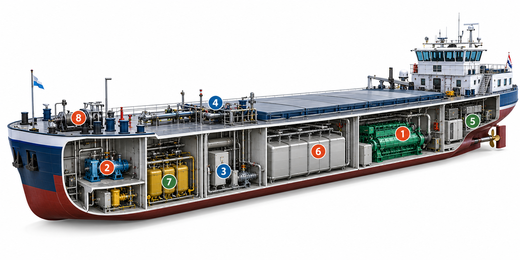 Schematische doorsnede van een binnenvaartschip met typische olie- en hydraulieksystemen