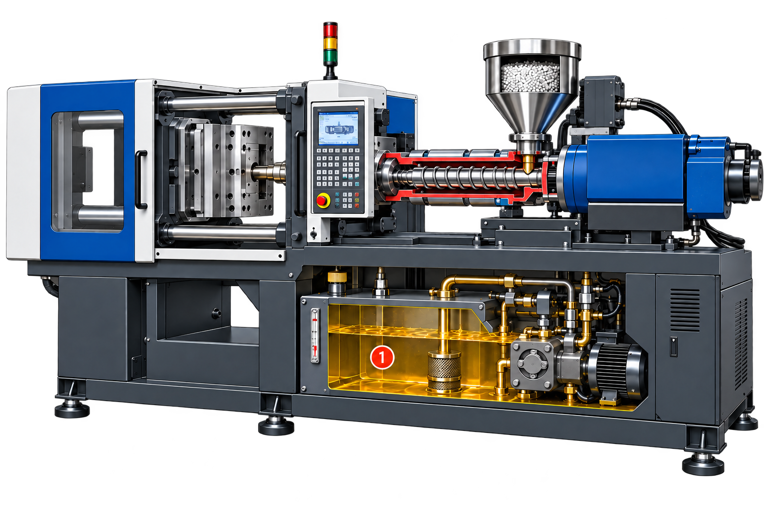 Hydraulische spuitgietmachine met zichtbaar oliereservoir
