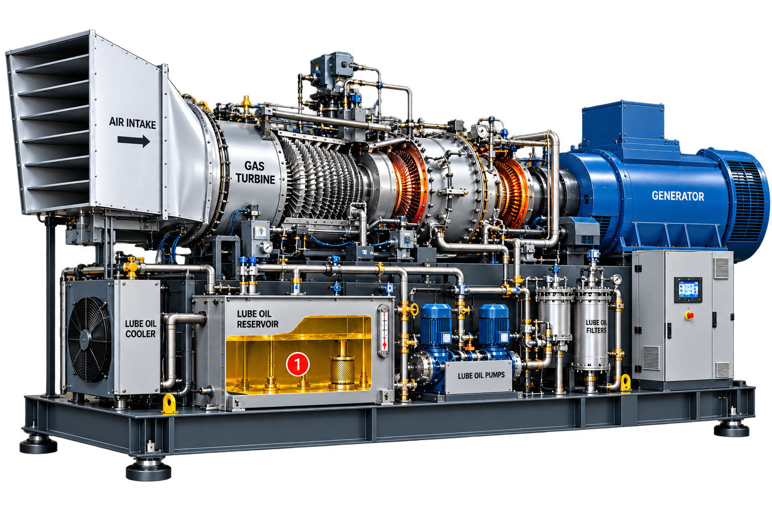 Gasturbine met zichtbaar smeeroliereservoir