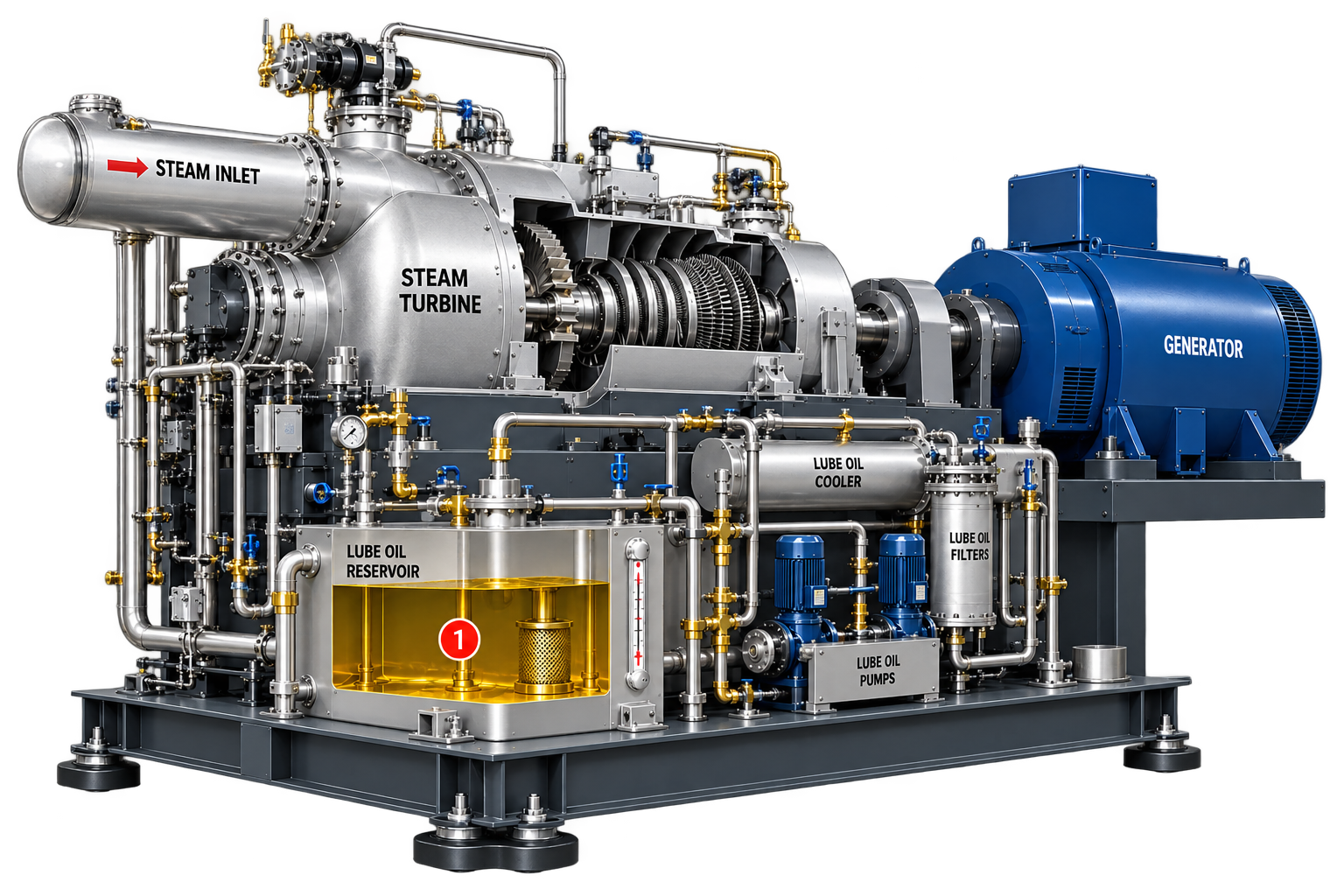 Stoomturbine met zichtbaar smeeroliereservoir