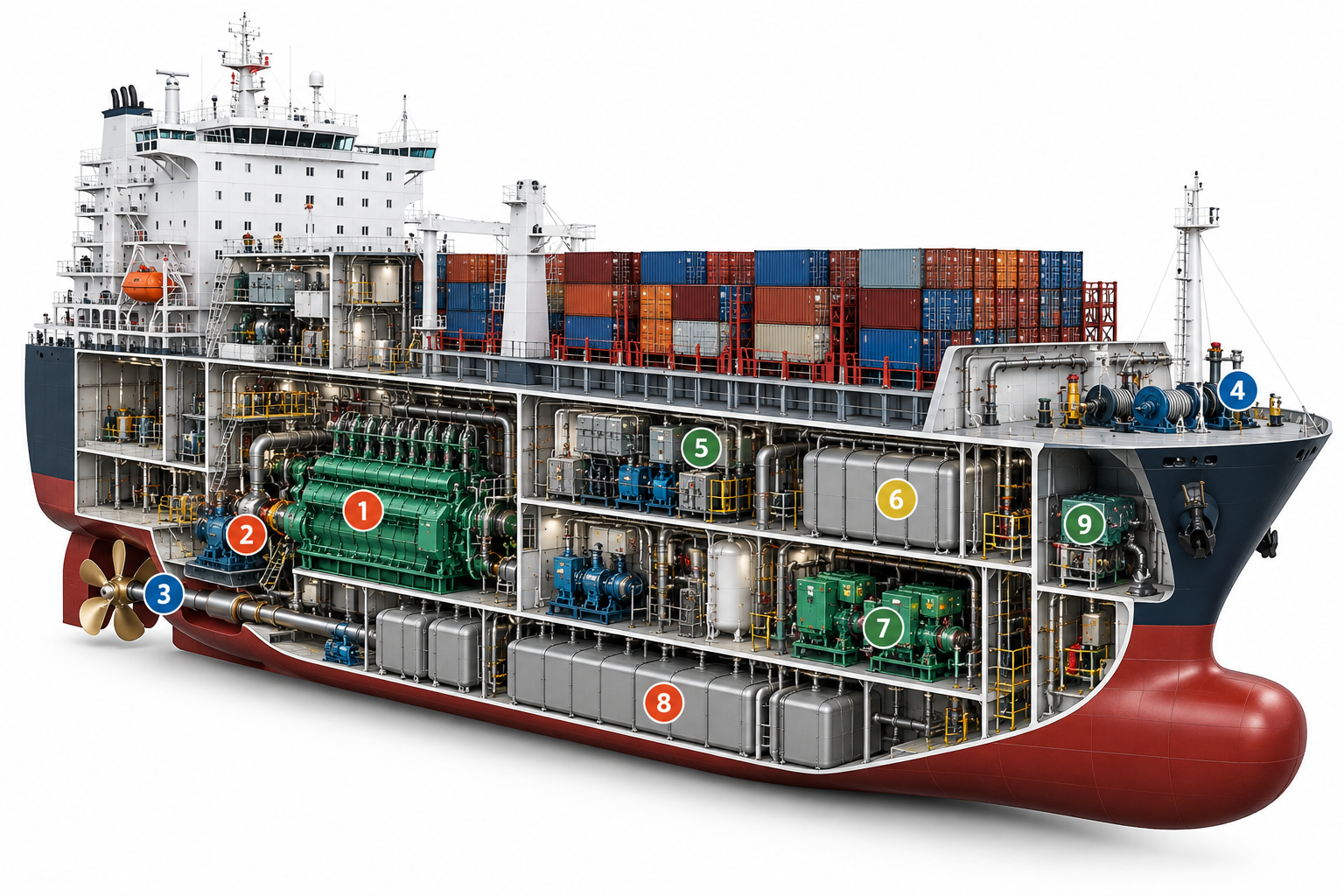 Schematische doorsnede van een zeeschip met typische olie-, hydrauliek- en smeersystemen